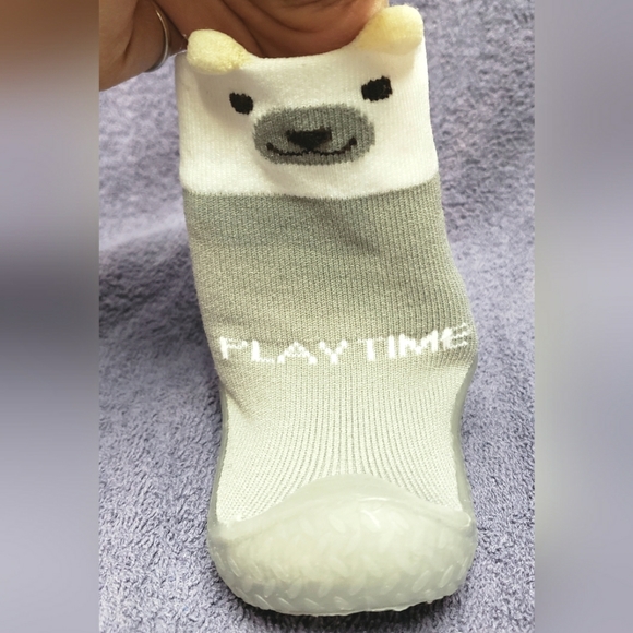 Tickle toes - Clear Sole & Grey Socks 3D Ears Bear Skids Proof Shoes 2-6 Month - Picture 4 of 4